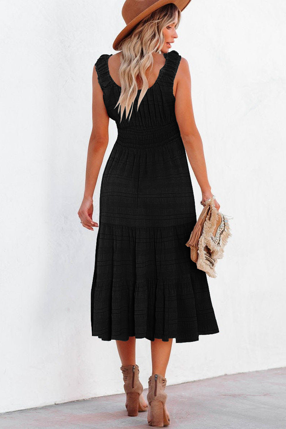 Rose Shirred Pleated Square Neck Sleeveless Midi Dress