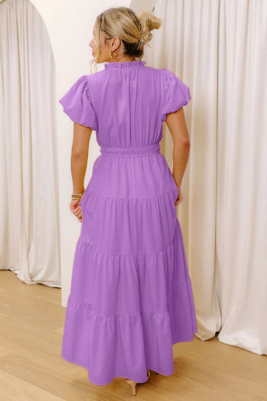 Lavendula Solid Color V Neck Short Puff Sleeve High Waist Tiered Maxi Dress