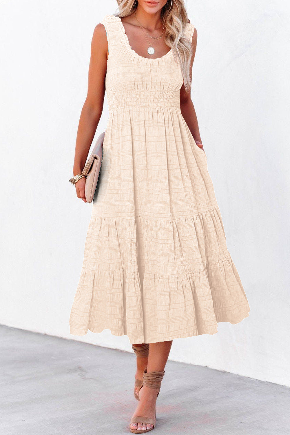 Rose Shirred Pleated Square Neck Sleeveless Midi Dress
