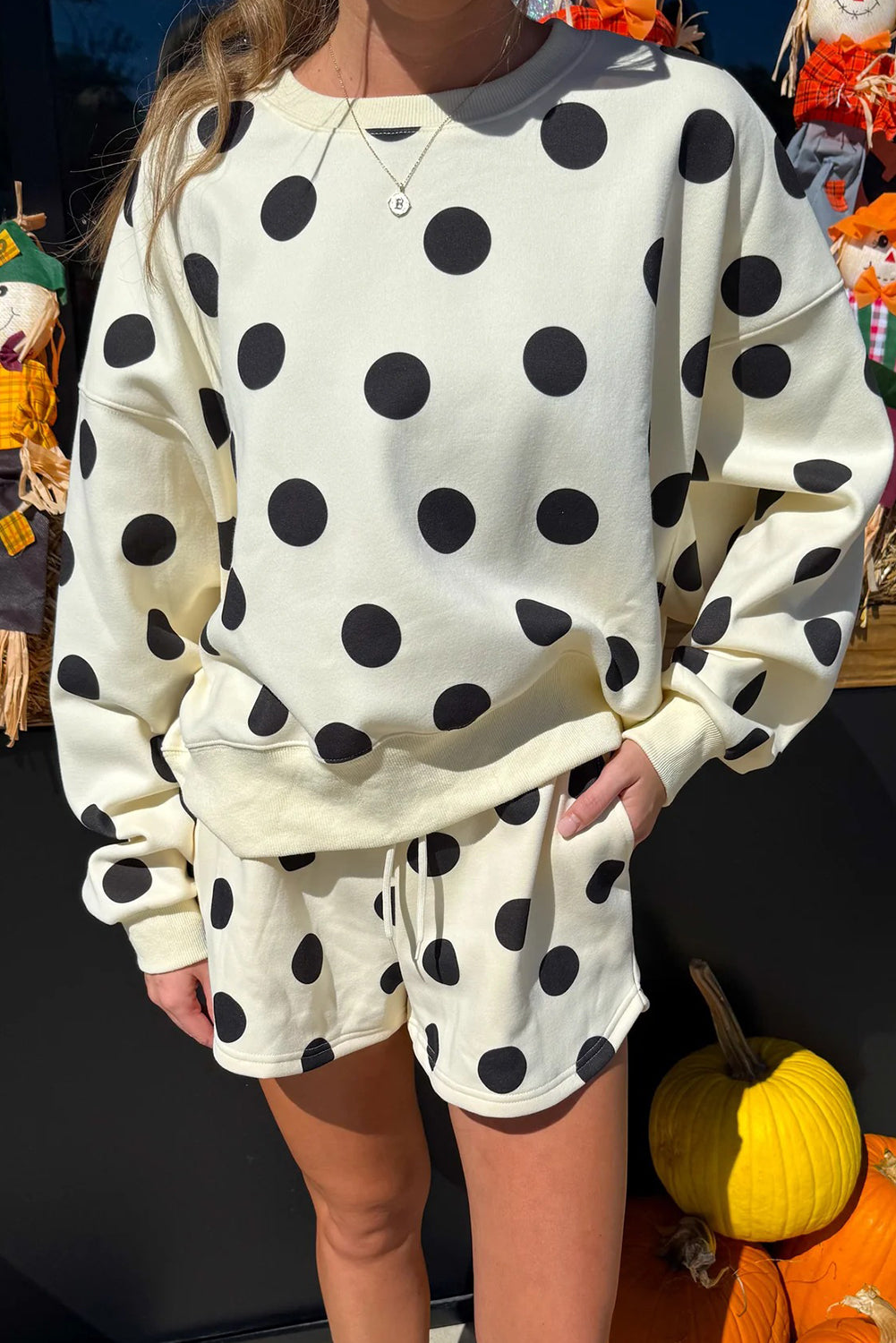 Beige Polka Dot Print Drop Shoulder Pullover Drawstring Shorts Set