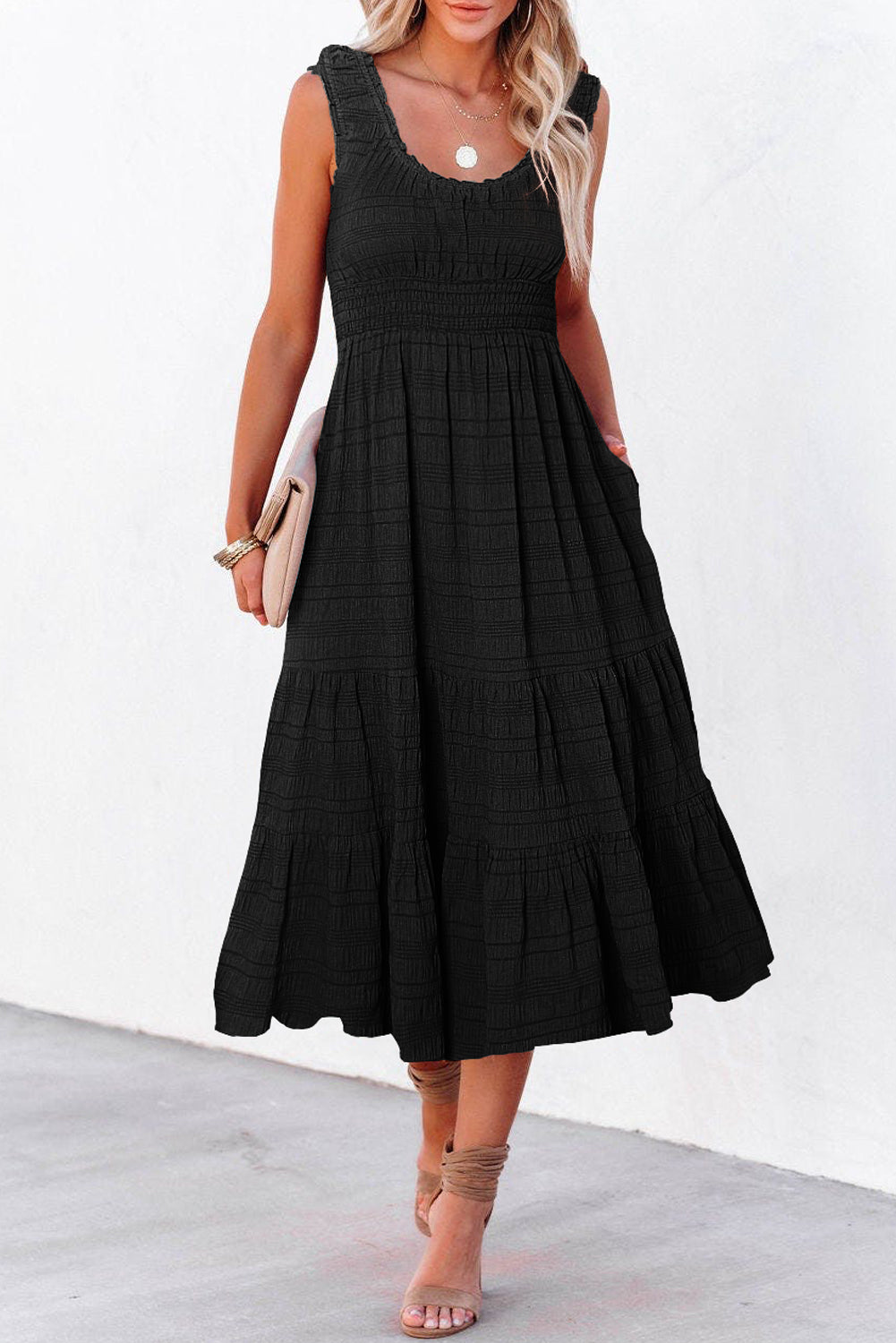 Rose Shirred Pleated Square Neck Sleeveless Midi Dress