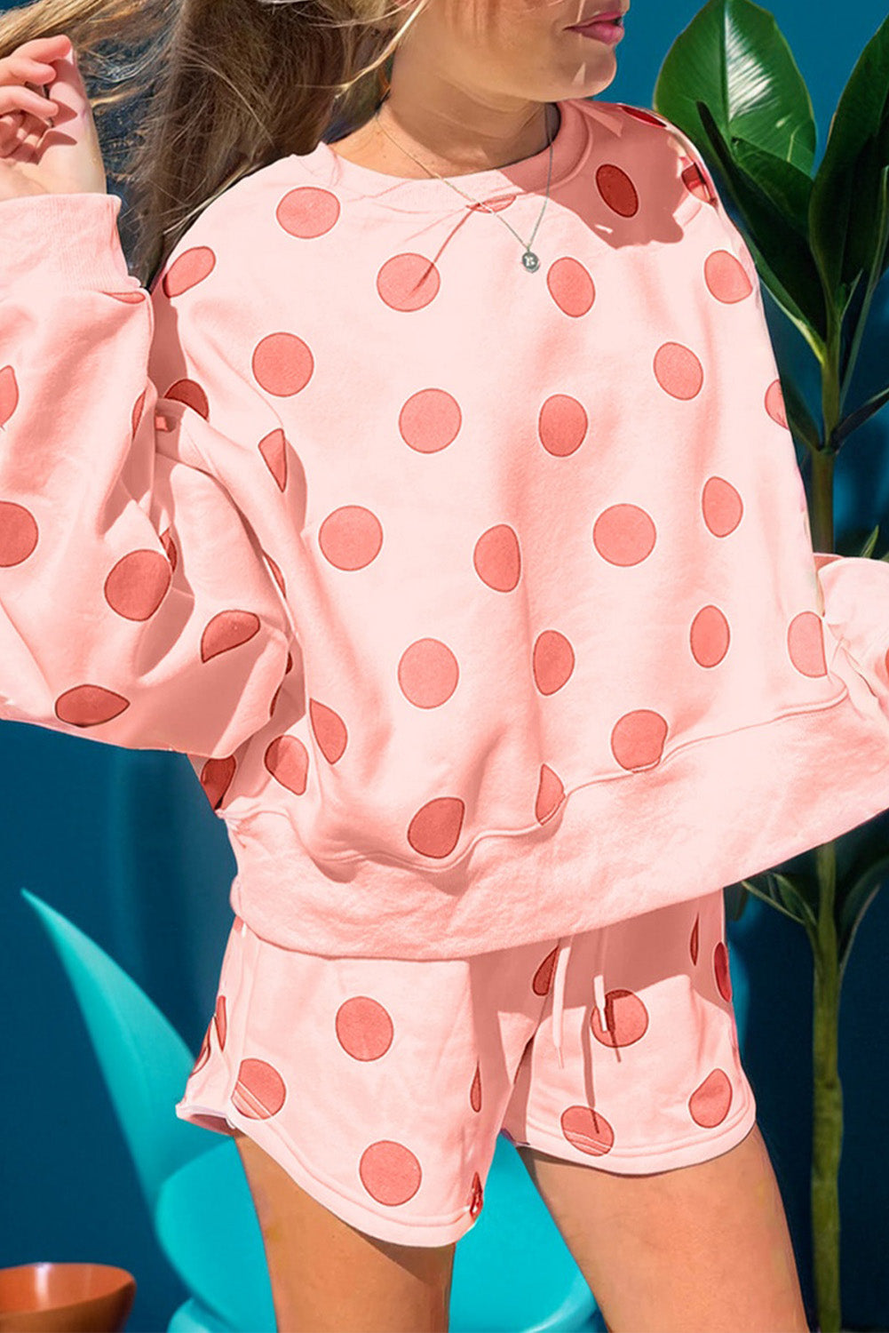 Beige Polka Dot Print Drop Shoulder Pullover Drawstring Shorts Set