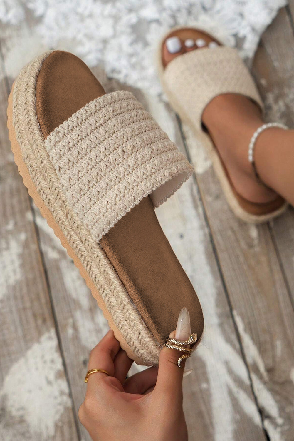White Boho Woven Non-slip Wedge Slip on Sandals