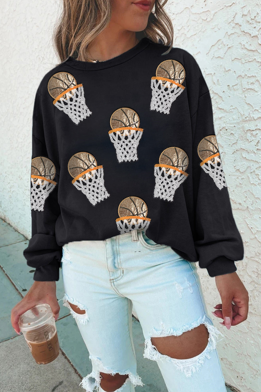 Black Basketball Patched Sweatshirt