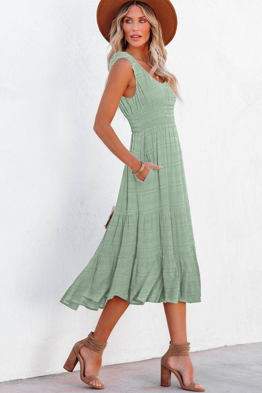 Rose Shirred Pleated Square Neck Sleeveless Midi Dress