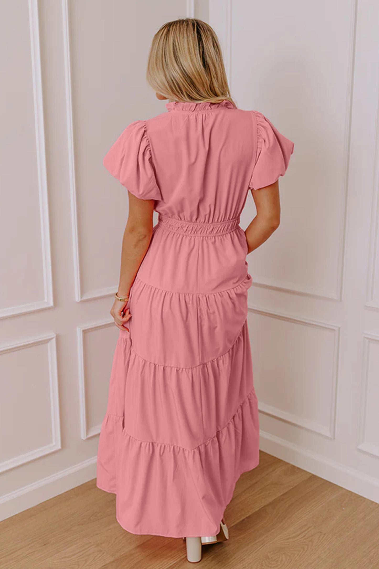 Lavendula Solid Color V Neck Short Puff Sleeve High Waist Tiered Maxi Dress