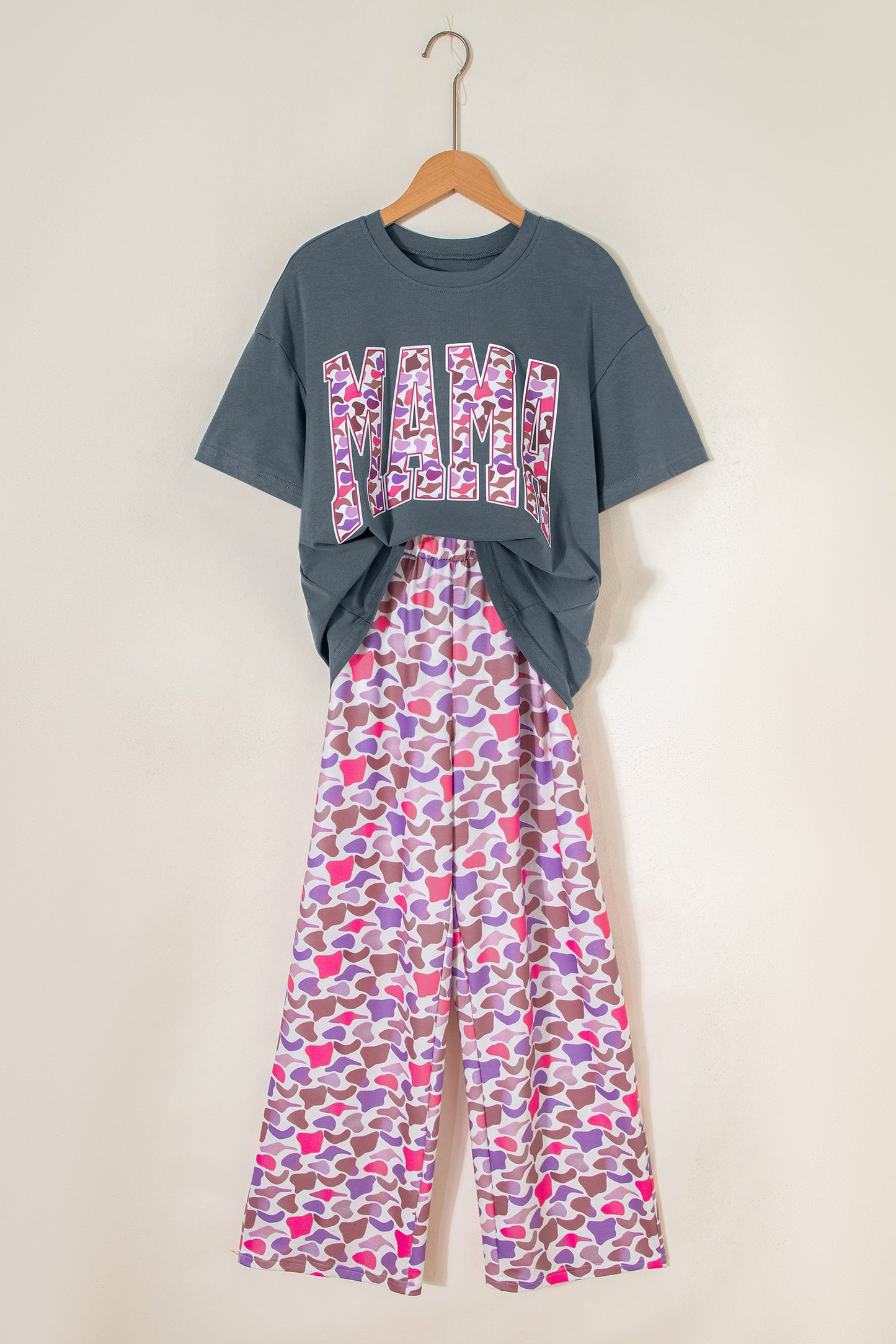 Medium Grey MAMA Letter Graphic Tee Camouflage Print Loose Pant Set