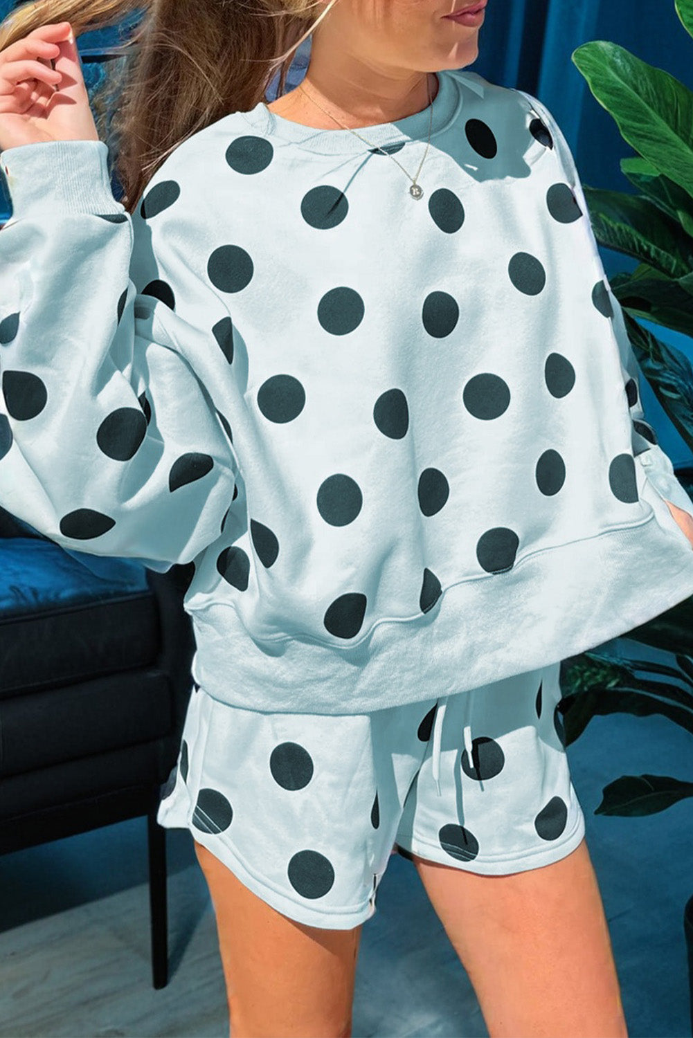 Beige Polka Dot Print Drop Shoulder Pullover Drawstring Shorts Set