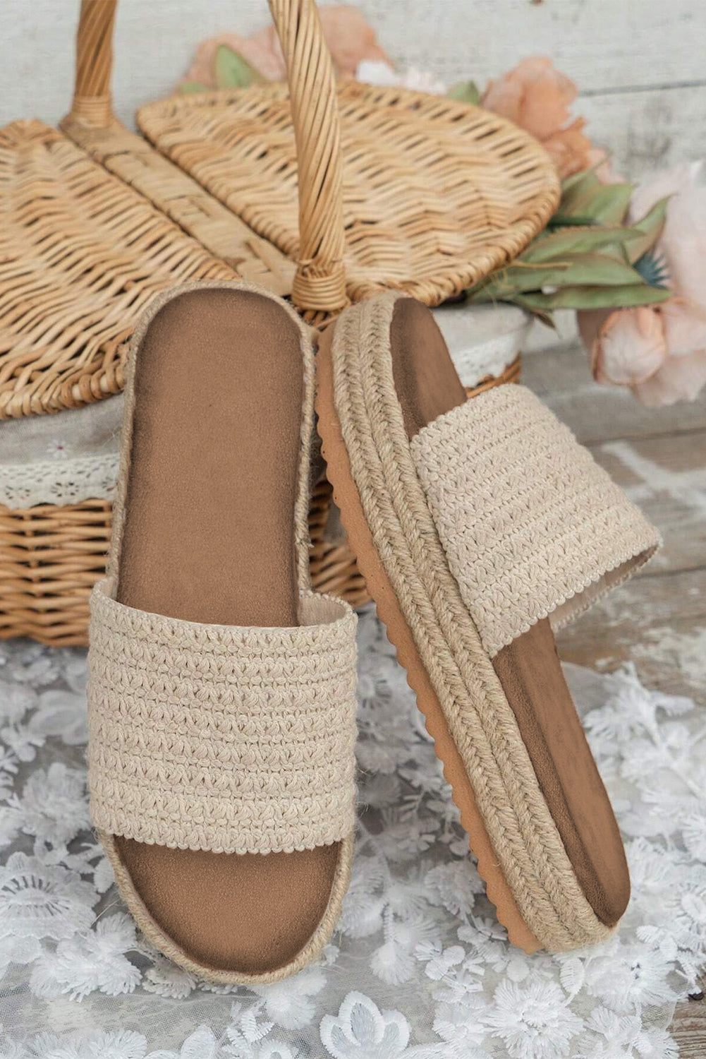 White Boho Woven Non-slip Wedge Slip on Sandals
