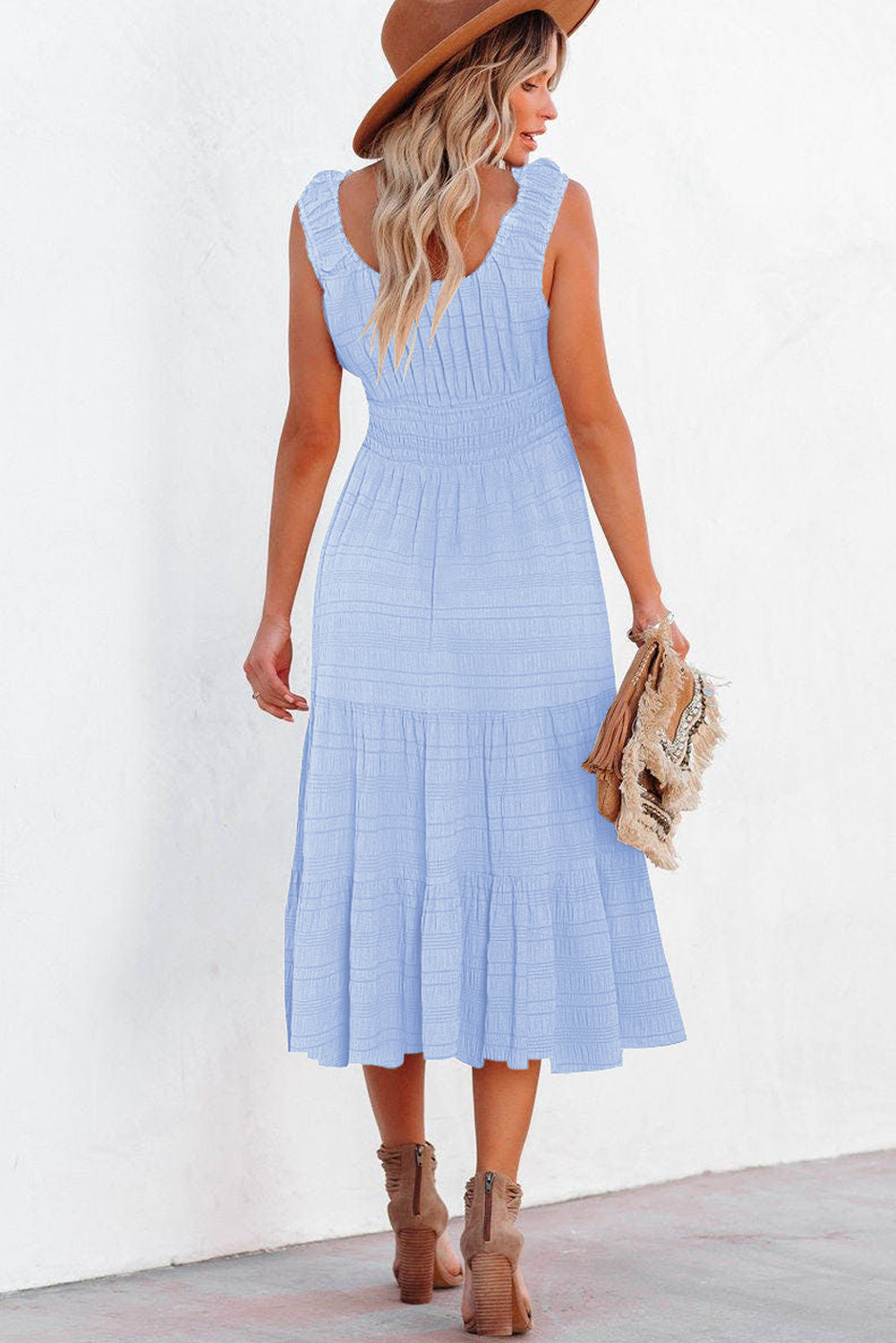 Rose Shirred Pleated Square Neck Sleeveless Midi Dress