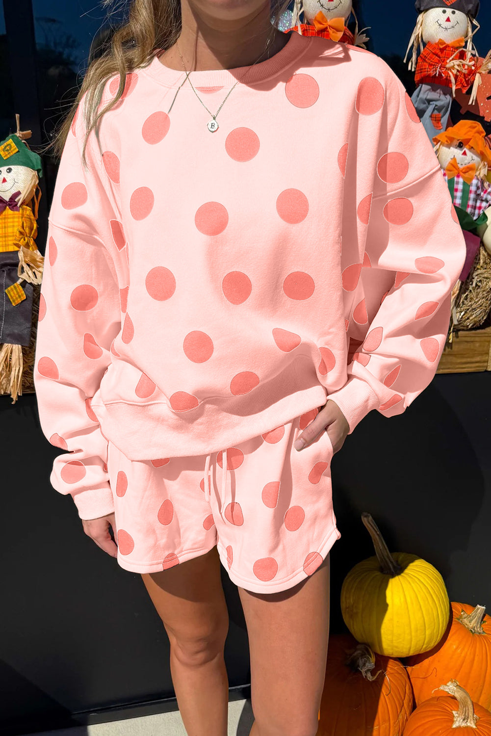 Beige Polka Dot Print Drop Shoulder Pullover Drawstring Shorts Set