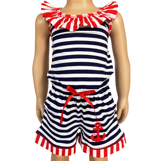AnnLoren Girls Anchors Away Nautical Jumpsuit Summer Romper