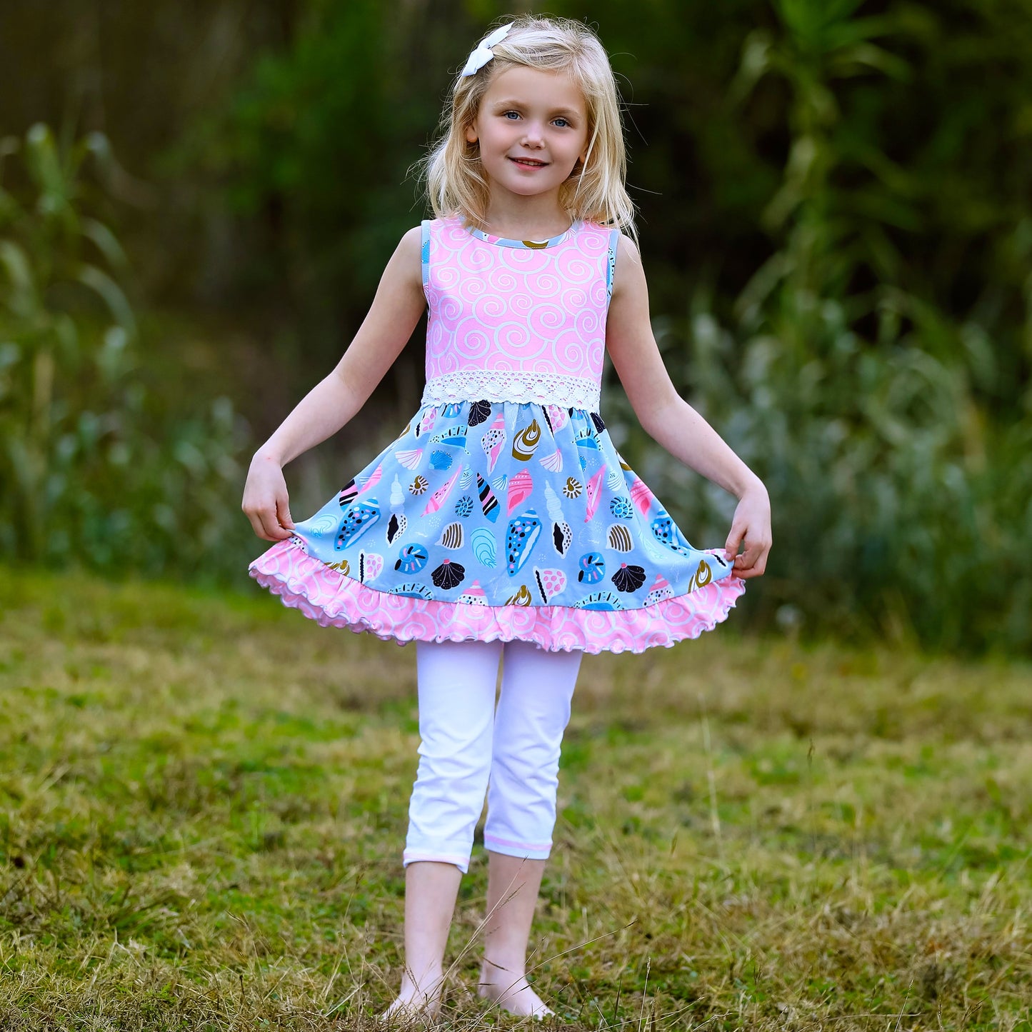 AnnLoren Girls Seashells & Swirls Dress & White Capri Leggings Boutique Set