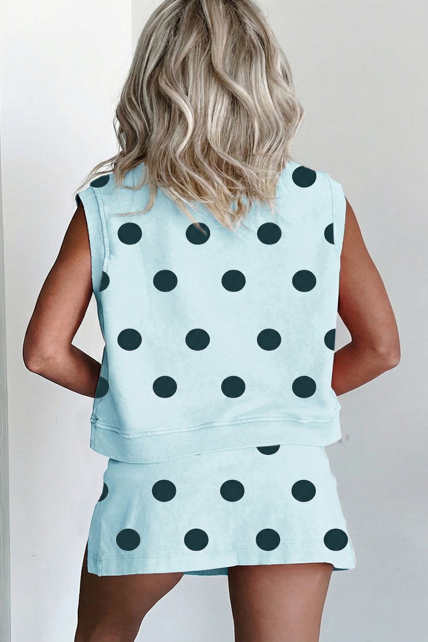 Pink Ribbed Trim Polka Dot Print Tank Split Mini Skort 2pcs Set