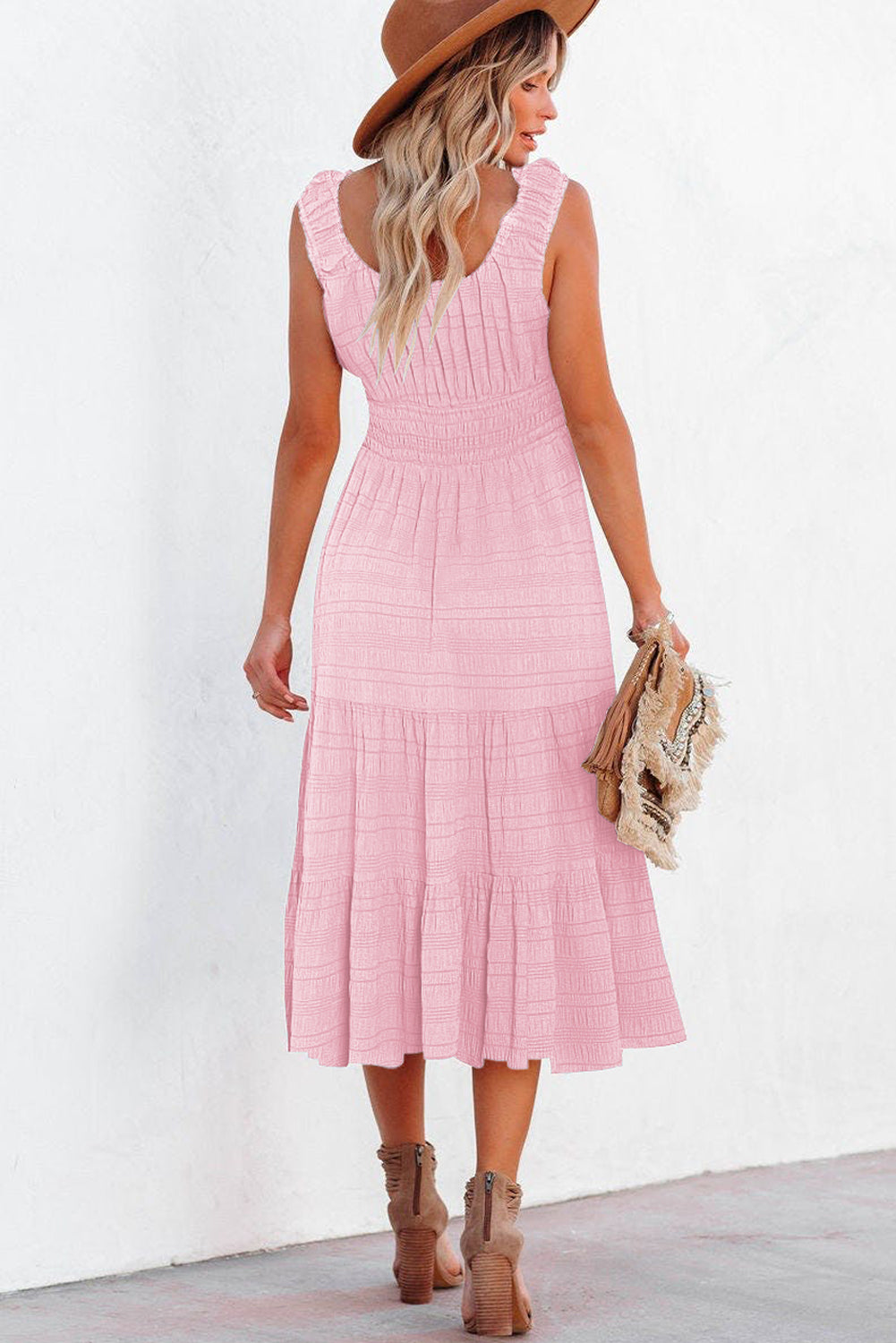 Rose Shirred Pleated Square Neck Sleeveless Midi Dress