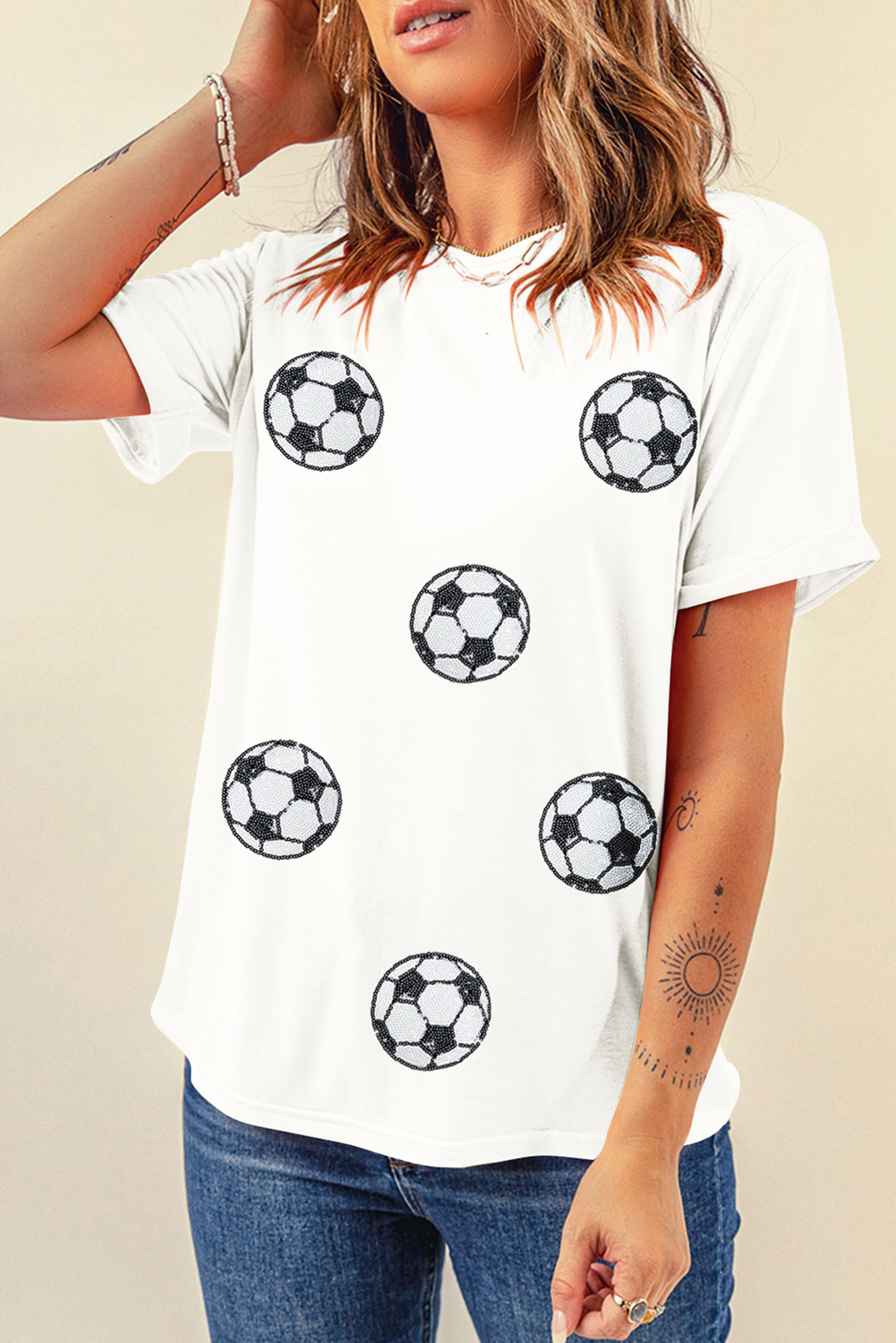 White Sequin Soccer Patched T Shirt