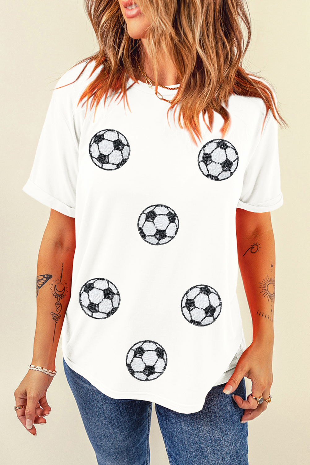 White Sequin Soccer Patched T Shirt