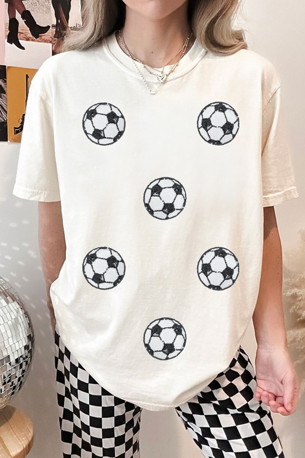 White Sequin Soccer Patched T Shirt