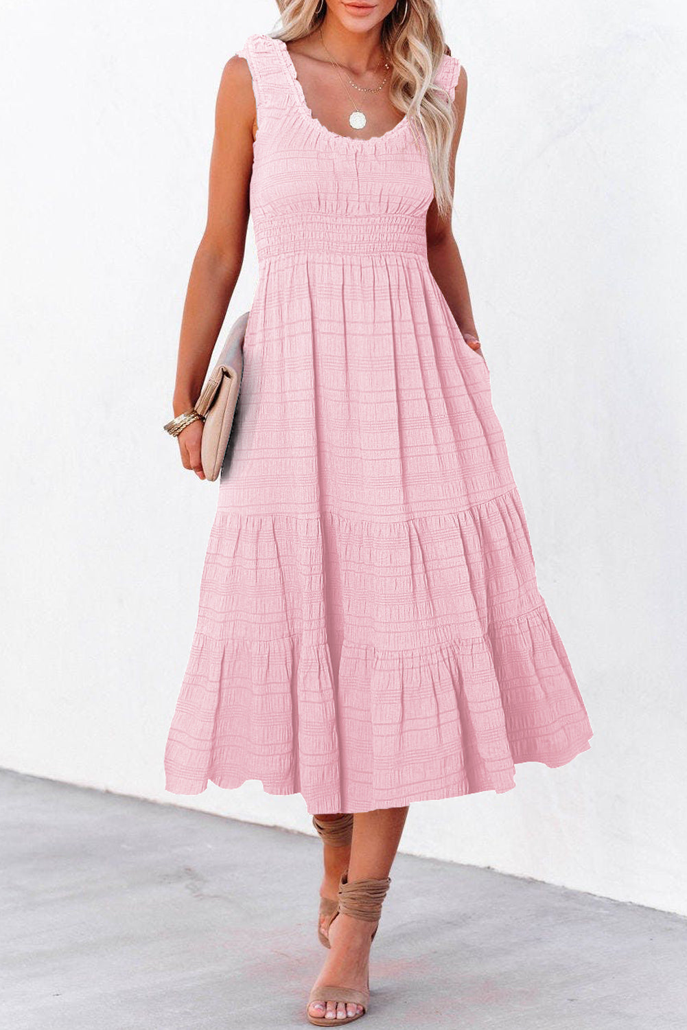 Rose Shirred Pleated Square Neck Sleeveless Midi Dress
