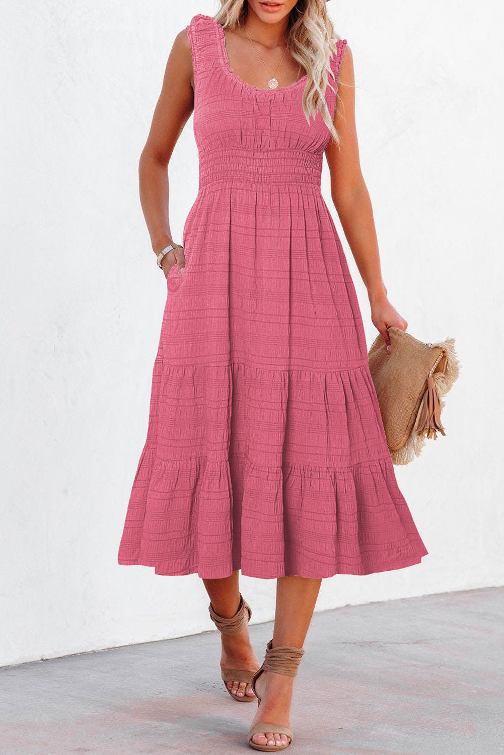 Rose Shirred Pleated Square Neck Sleeveless Midi Dress