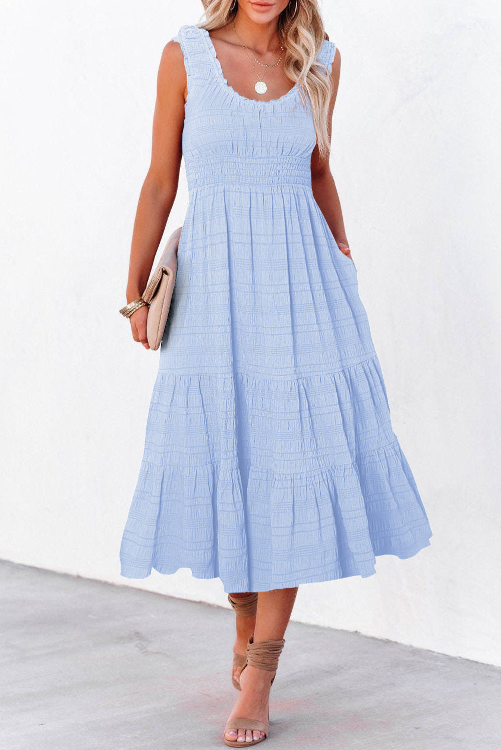 Rose Shirred Pleated Square Neck Sleeveless Midi Dress