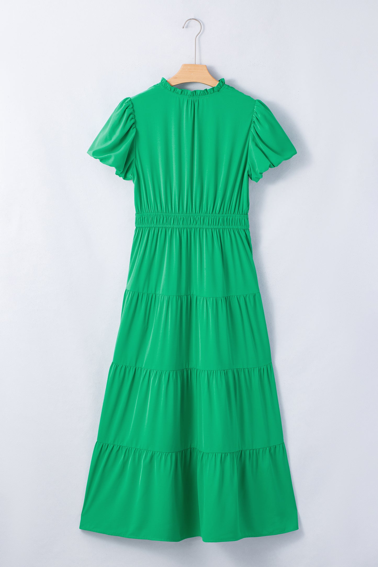Lavendula Solid Color V Neck Short Puff Sleeve High Waist Tiered Maxi Dress